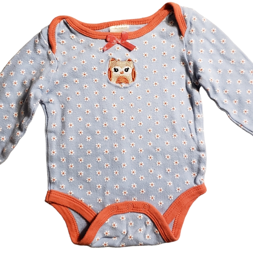 Baby Works size 3-6 months onesie. Light blue polka dot owl themed.